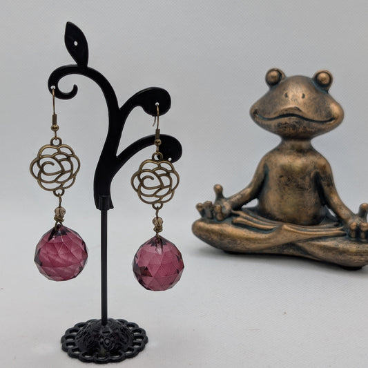 ✨Dusklantern Roses✨| Antique Bronze Filigree Earrings with Mauve Crystal Drops