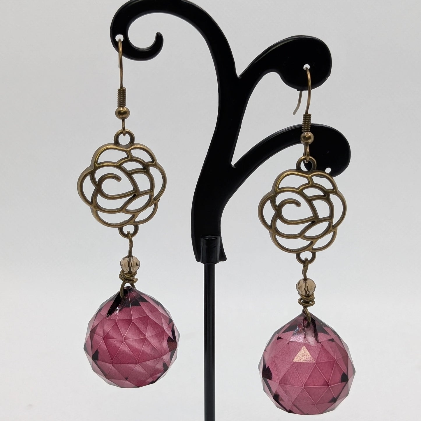 ✨Dusklantern Roses✨| Antique Bronze Filigree Earrings with Mauve Crystal Drops