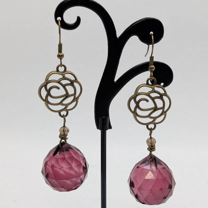 ✨Dusklantern Roses✨| Antique Bronze Filigree Earrings with Mauve Crystal Drops