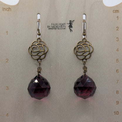 ✨Dusklantern Roses✨| Antique Bronze Filigree Earrings with Mauve Crystal Drops