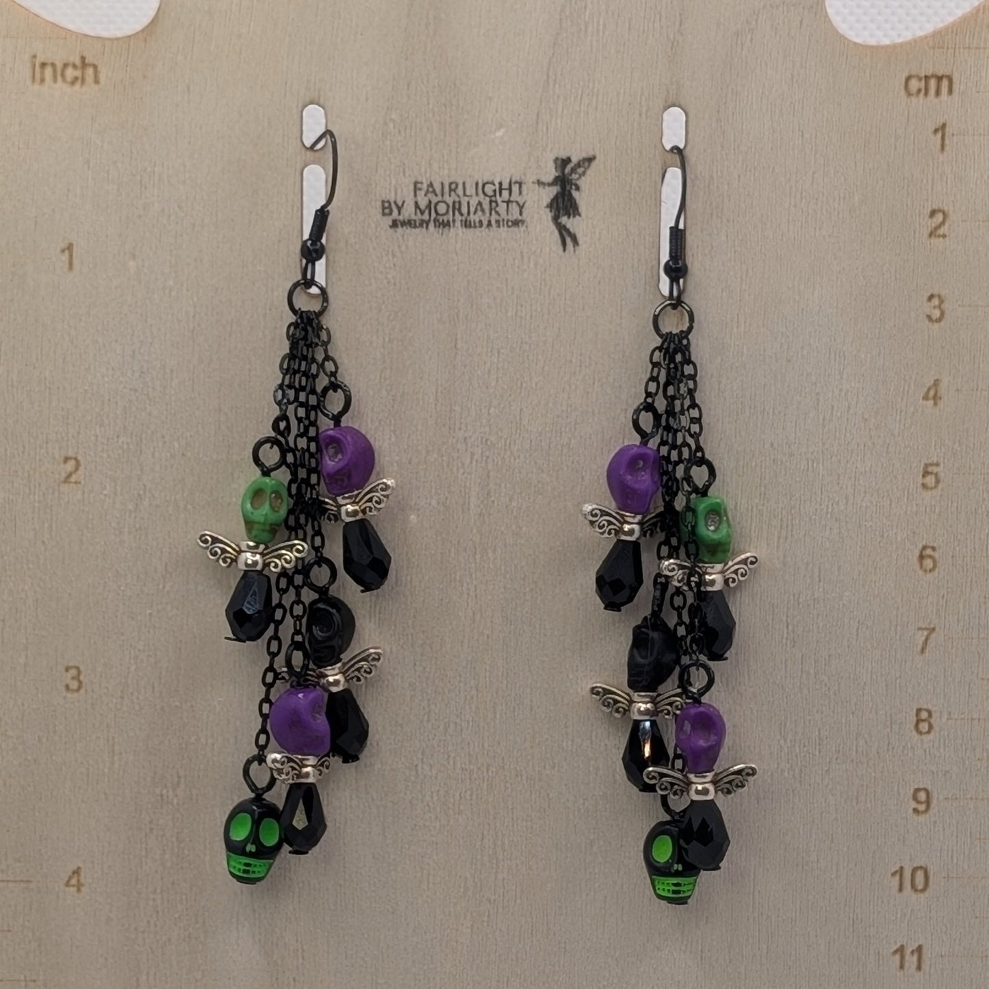 ✨Boneshee Rave✨| Black & Neon Skull Swarm Chain Dangle Earrings