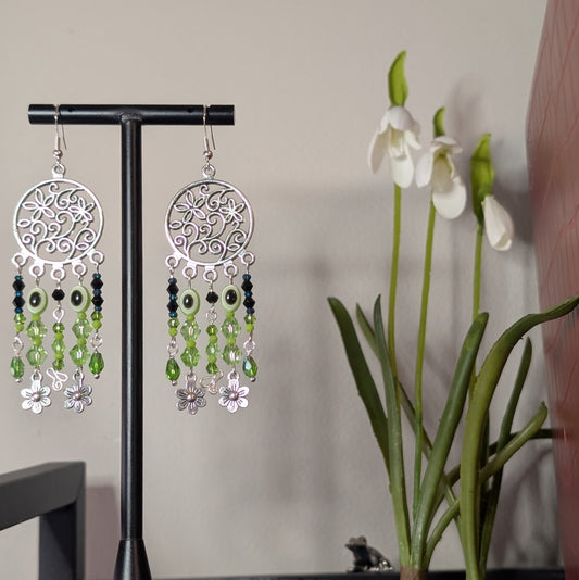 ✨Amphibloom✨| Green-Eyed Squintae Frog Flower Chandelier Earrings