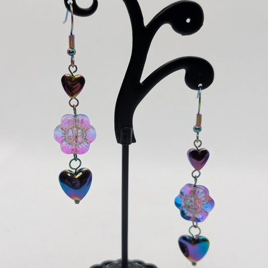 ✨The Borealae Bloom✨| Iridescent Heart & Flower Drop Earrings