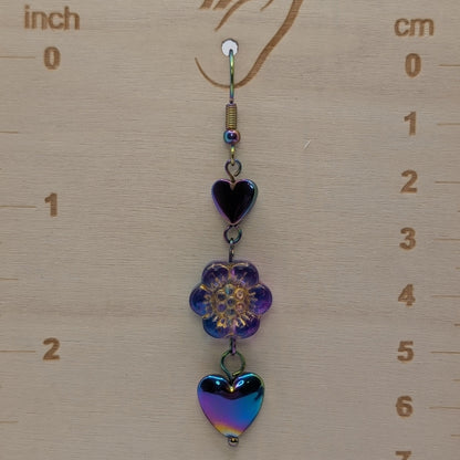 ✨The Borealae Bloom✨| Iridescent Heart & Flower Drop Earrings