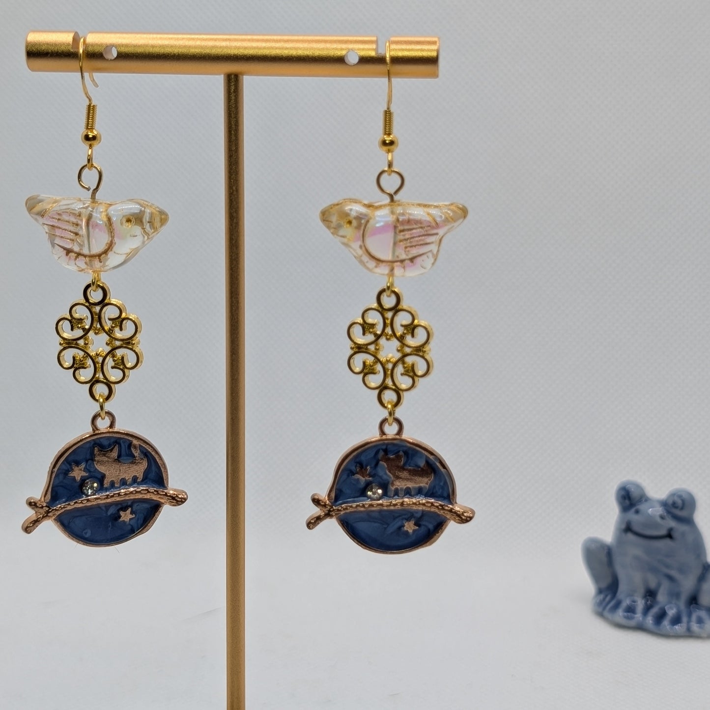 ✨Birdwatcher’s Orbit✨| Bird Bead & Cosmic Cat Charm Earrings