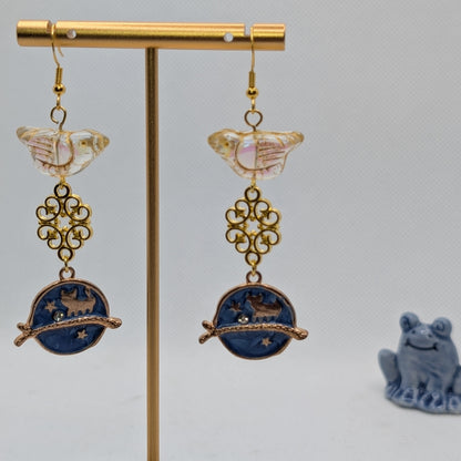 ✨Birdwatcher’s Orbit✨| Bird Bead & Cosmic Cat Charm Earrings