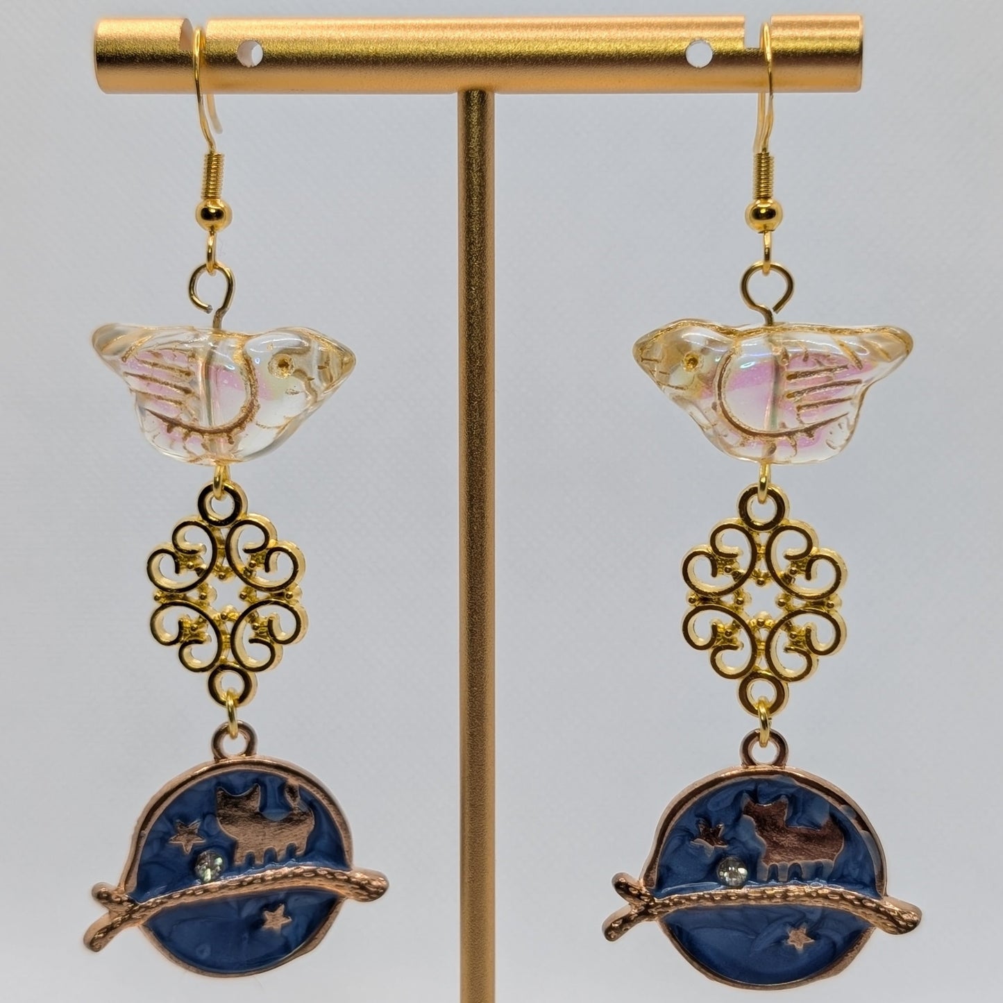 ✨Birdwatcher’s Orbit✨| Bird Bead & Cosmic Cat Charm Earrings