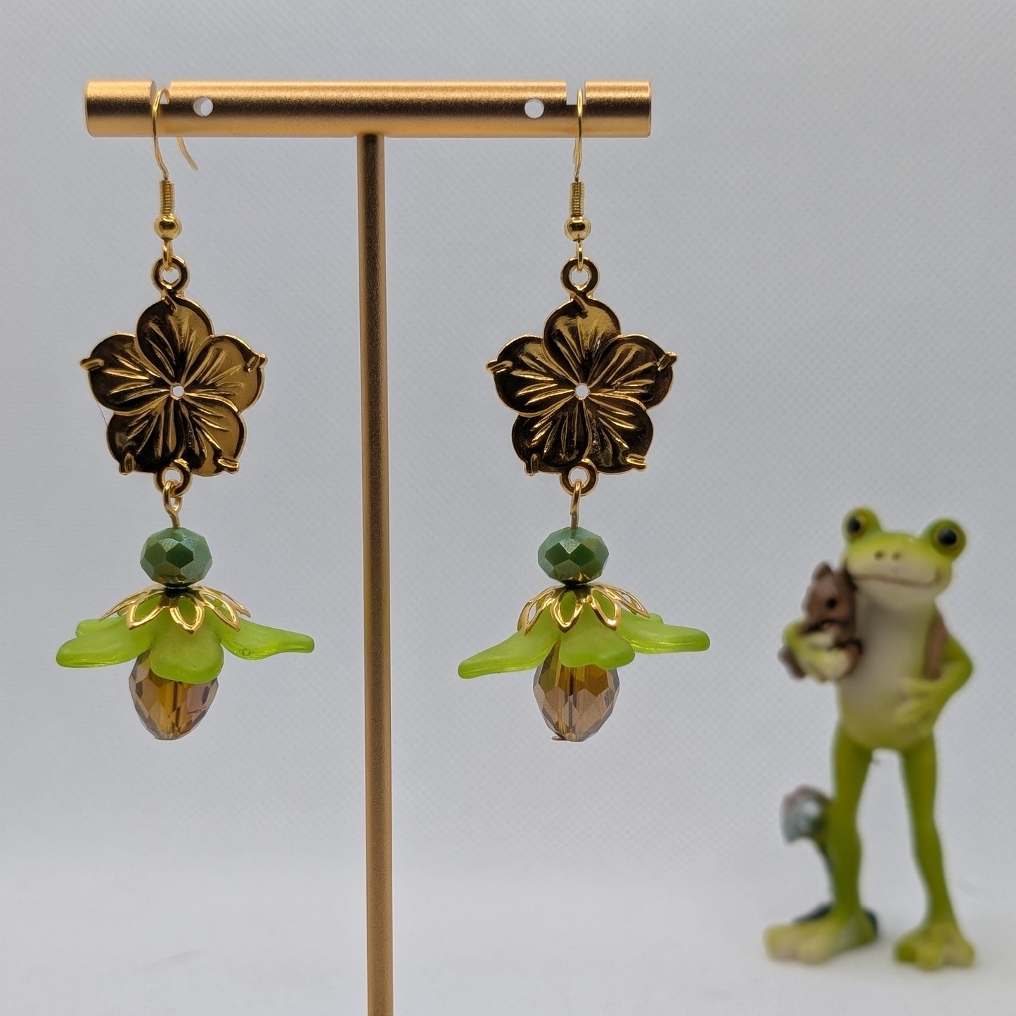 ✨Bloomgild✨| Gold Flower & Green Petal Drop Earrings
