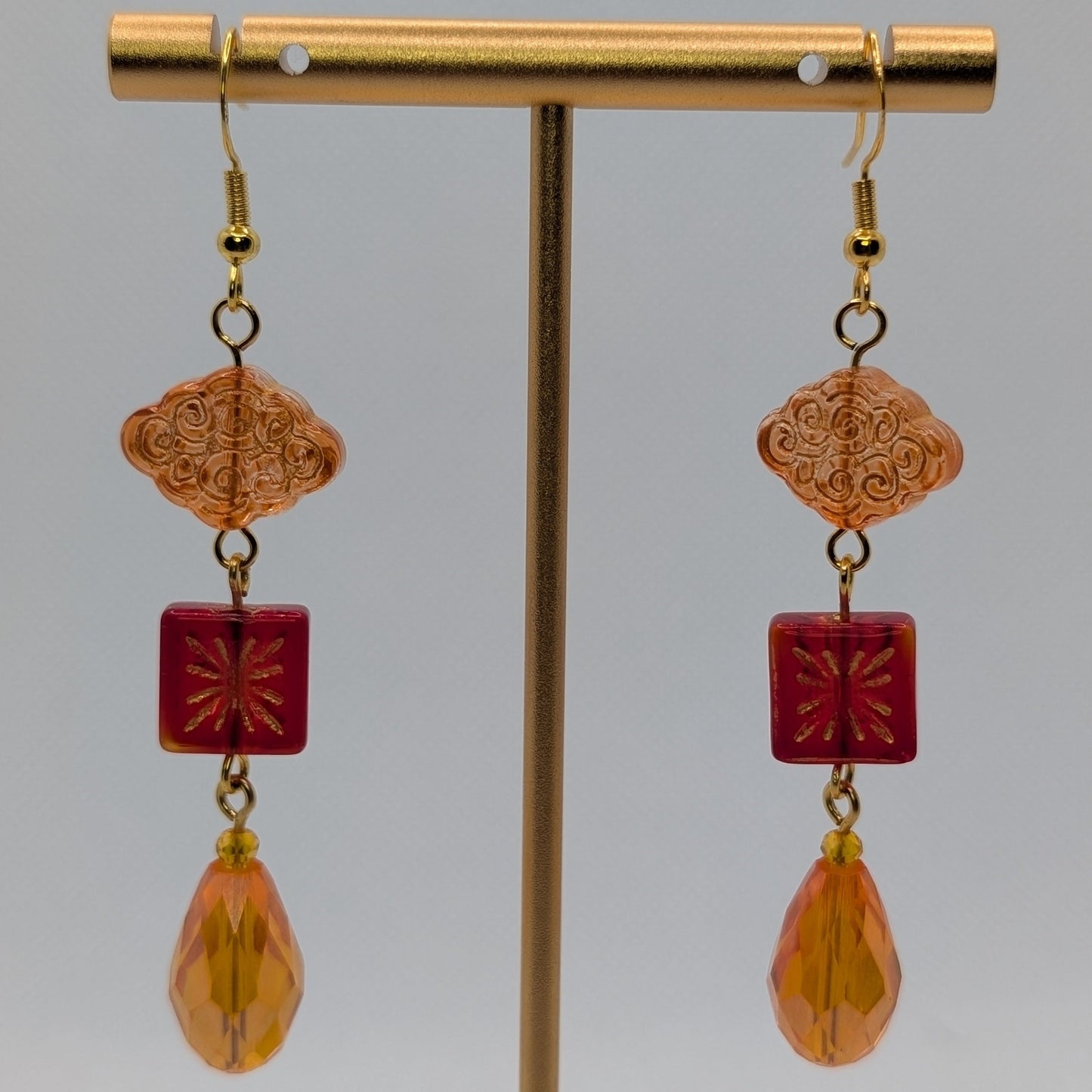 ✨Lanternflare✨| Orange, Red & Gold Glass Drop Earrings