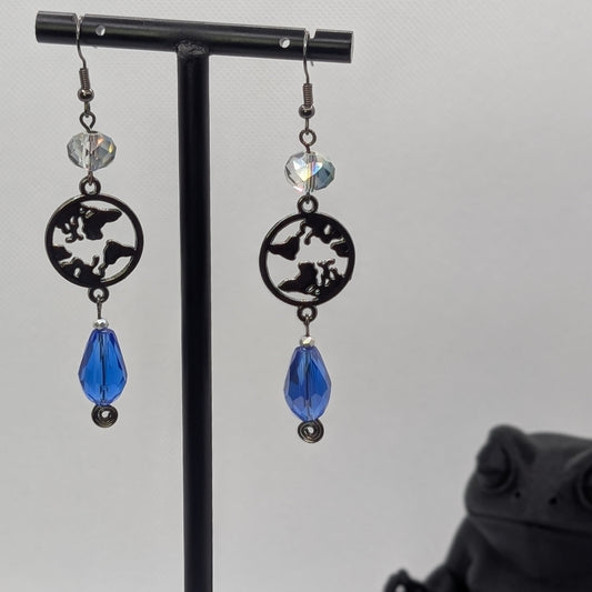 ✨Wayfarer’s Drop✨| World Map & Blue Glass Drop Earrings