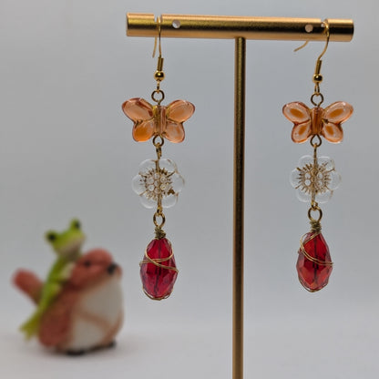 ✨Goldenhour Flight✨| Peach Butterfly & Red Glass Drop Earrings