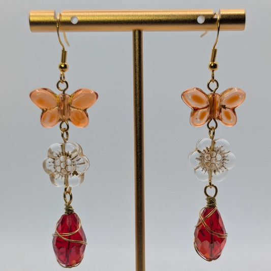 ✨Goldenhour Flight✨| Peach Butterfly & Red Glass Drop Earrings