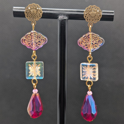 ✨Aurorafall✨| Iridescent Pink, Gold & Magenta Glass Drop Earrings