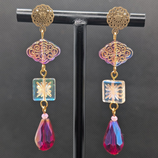 ✨Aurorafall✨| Iridescent Pink, Gold & Magenta Glass Drop Earrings