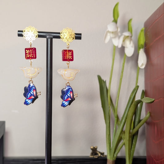 ✨Dayfall Flutter✨| White Bird & Blue Butterfly Glass Earrings