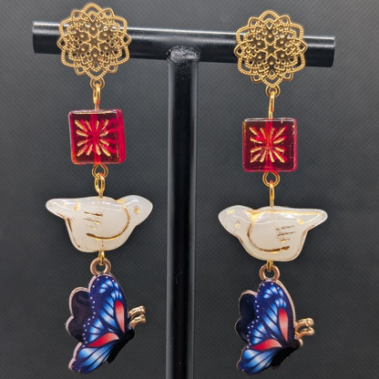 ✨Dayfall Flutter✨| White Bird & Blue Butterfly Glass Earrings