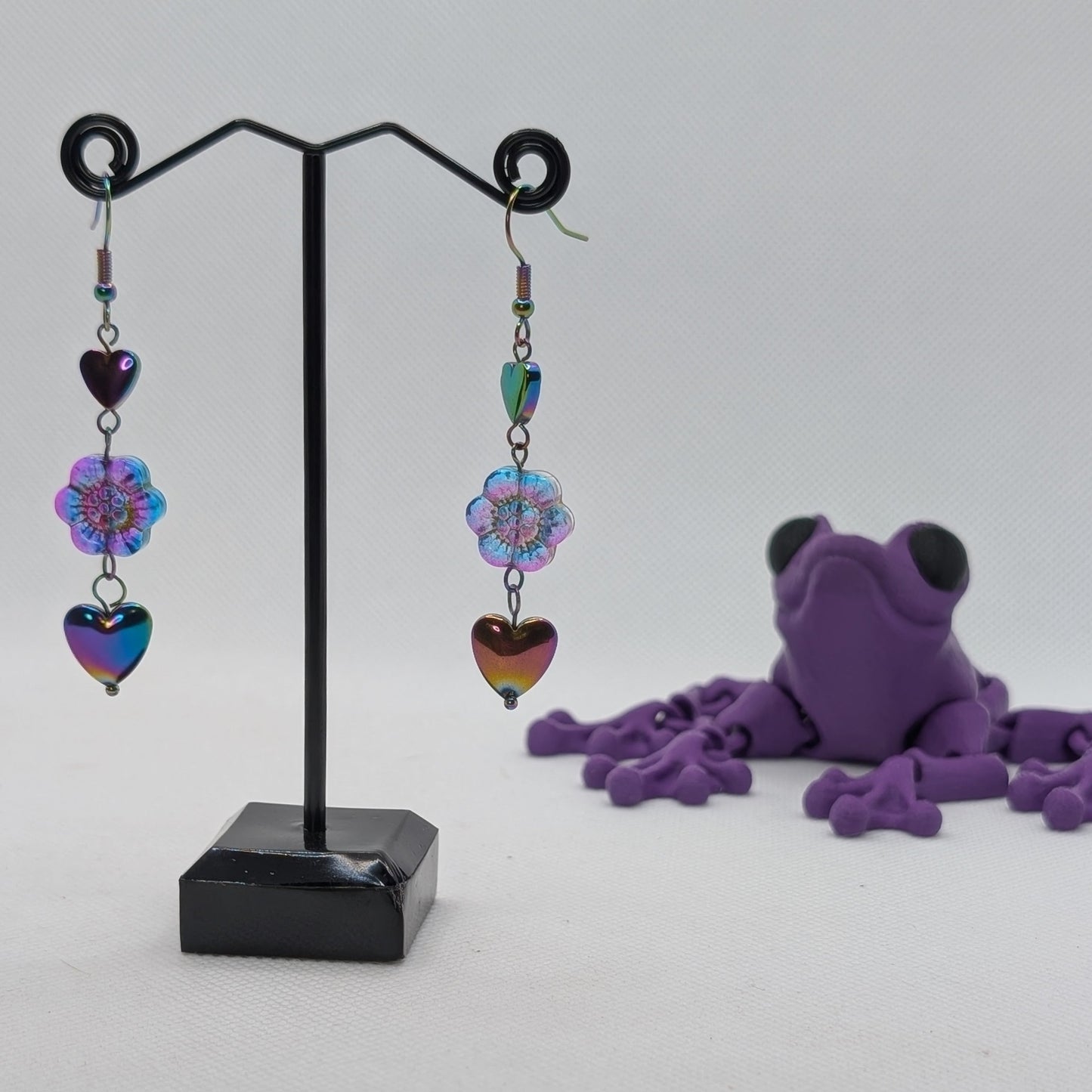 ✨The Borealae Bloom✨| Iridescent Heart & Flower Drop Earrings