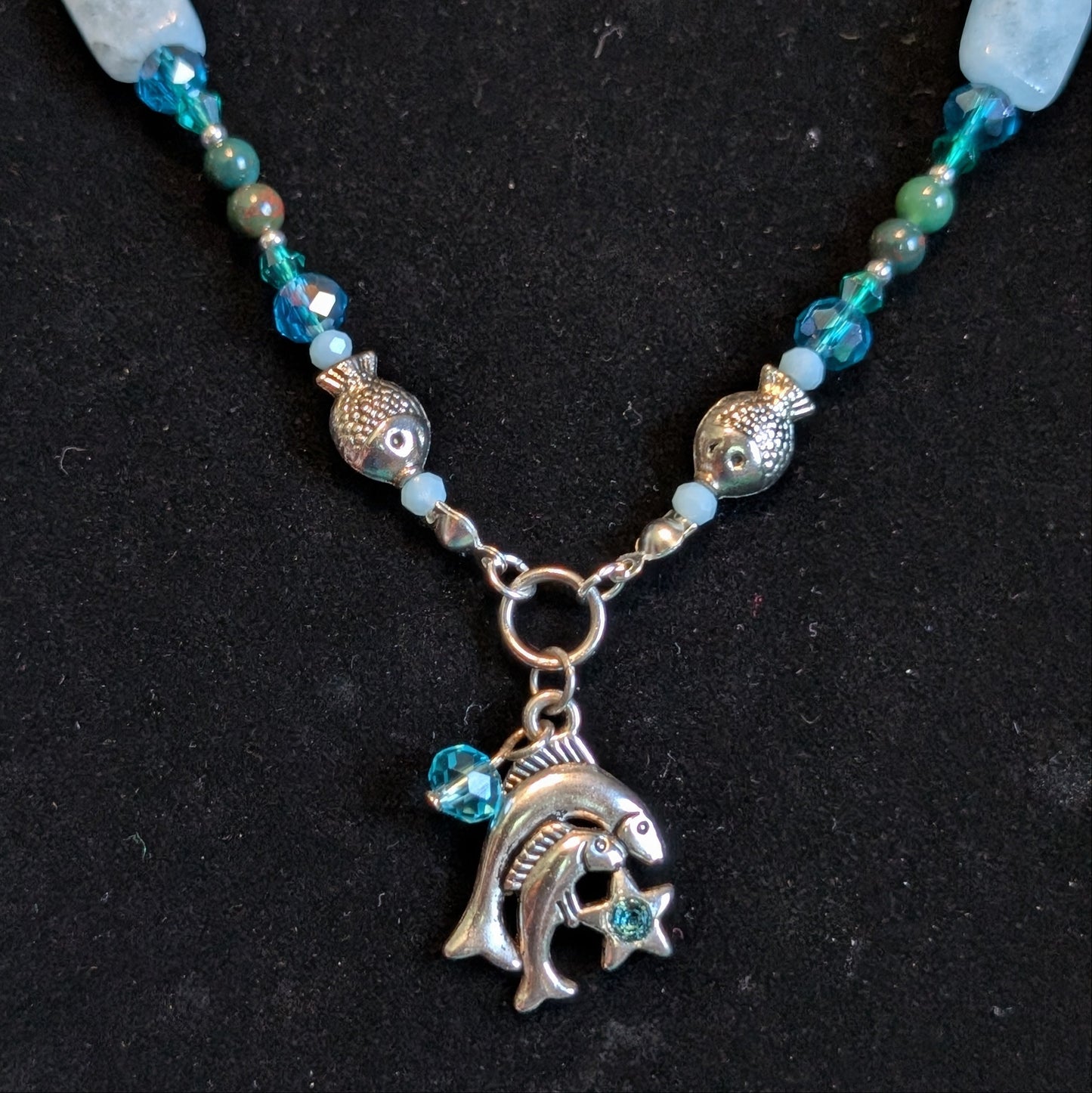 ✨Finfluenced✨| Pisces Zodiac Necklace – Aquamarine & Bloodstone with Fish Accents