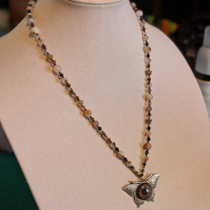 ✨Birchsight✨| Natural & Brown Agate Necklace with Butterfly Eye Pendant