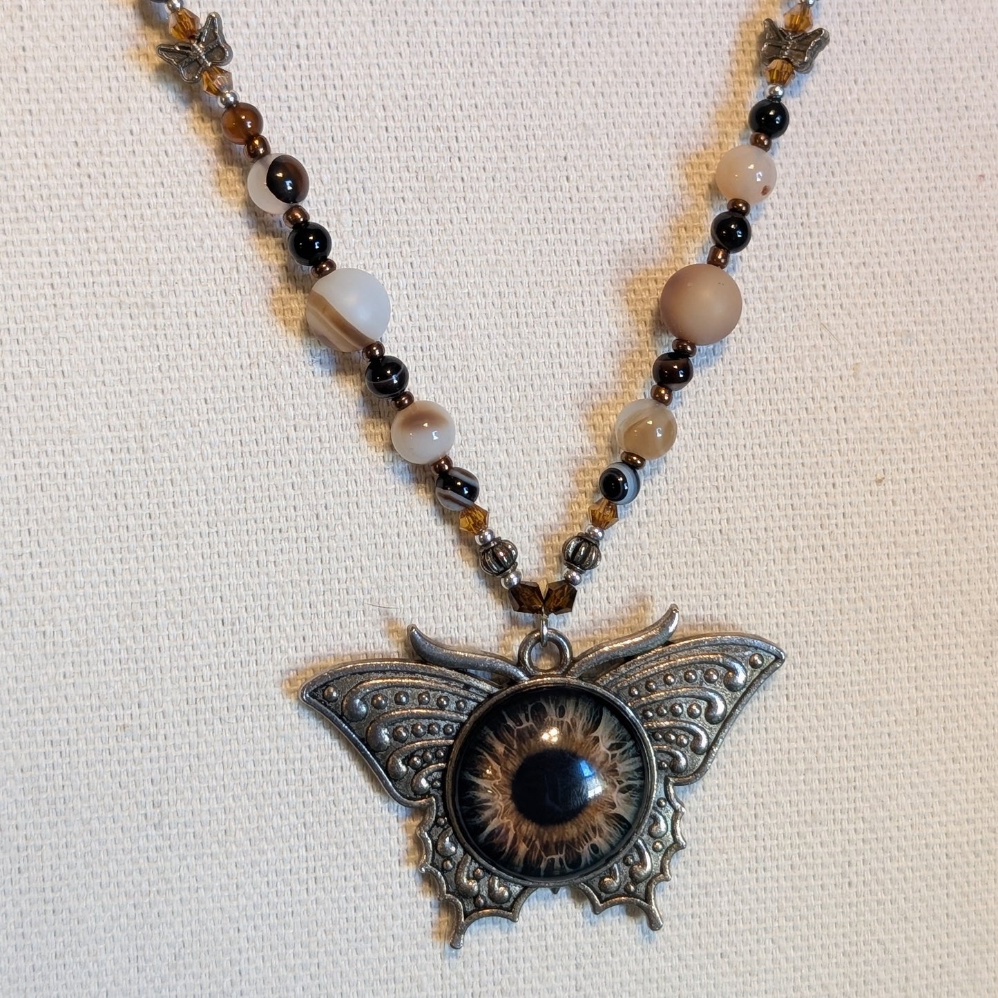 ✨Birchsight✨| Natural & Brown Agate Necklace with Butterfly Eye Pendant