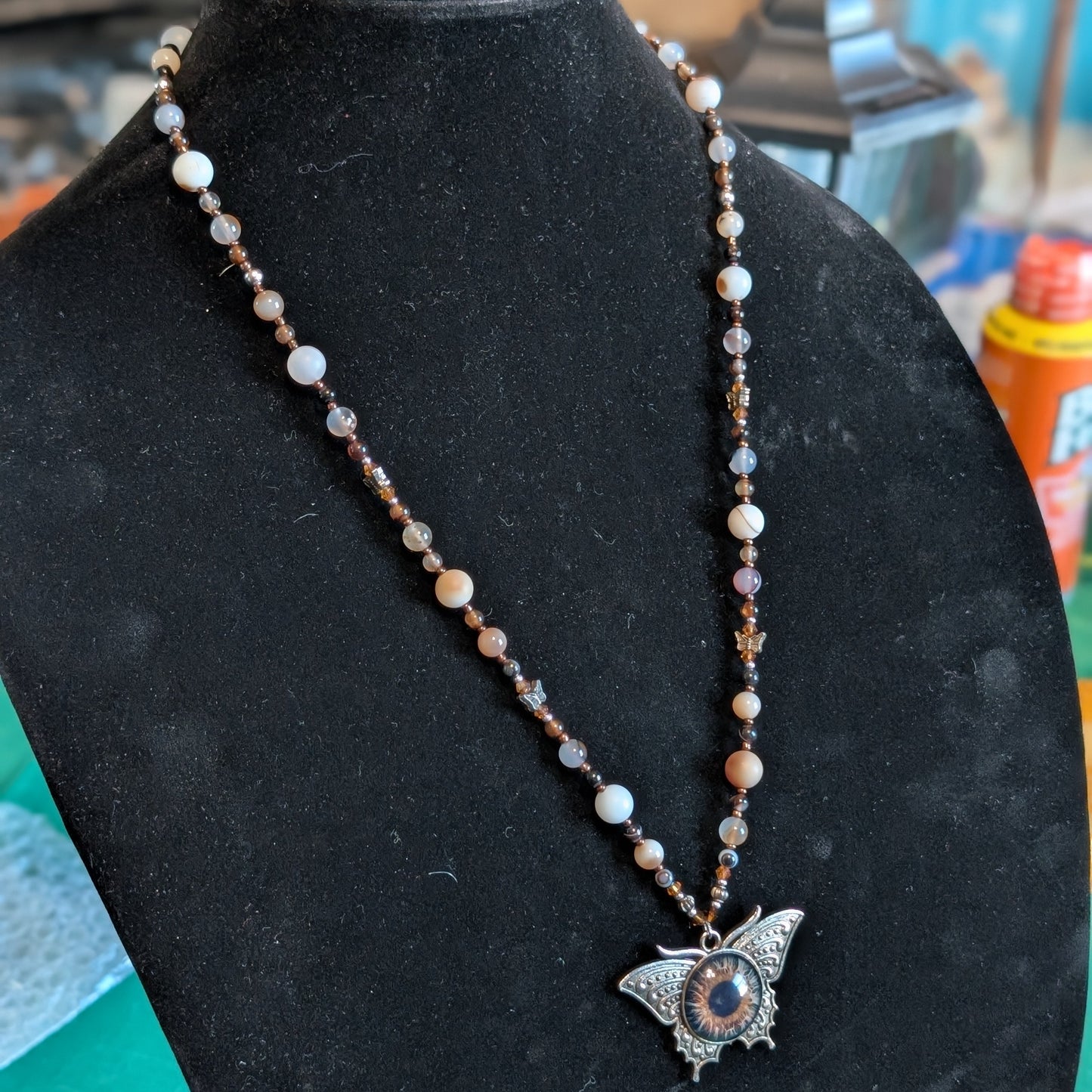 ✨Birchsight✨| Natural & Brown Agate Necklace with Butterfly Eye Pendant