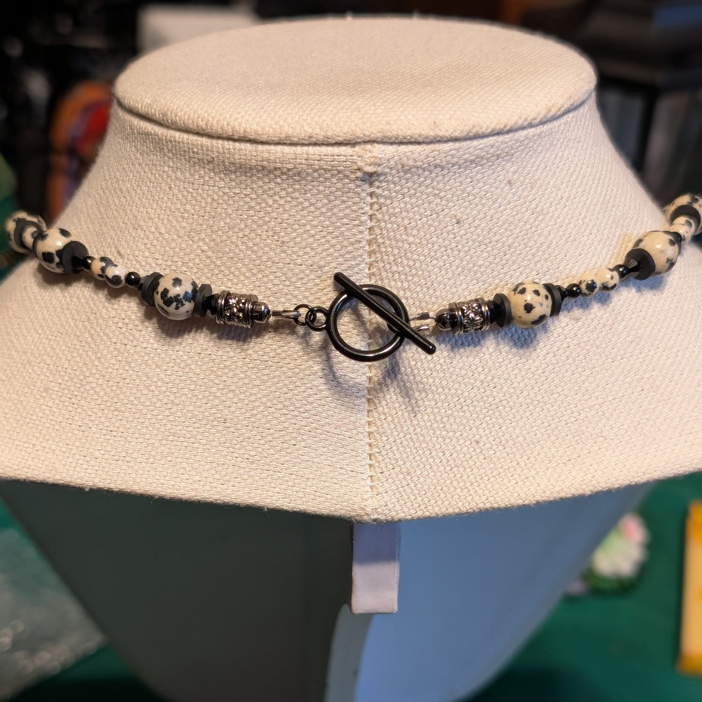 ✨Monochrose✨| Dalmatian Jasper & Black Tourmaline Necklace with Gothic Rose Cameo