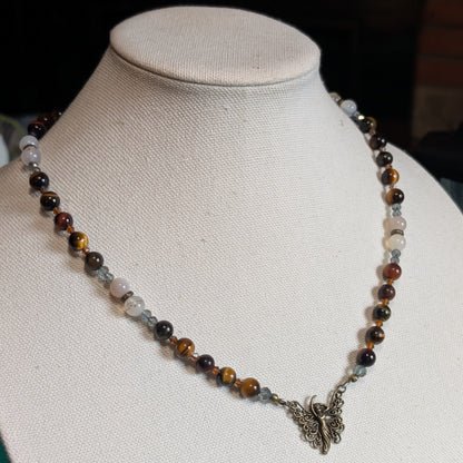 ✨Amberwing✨| Red & Gold Tiger’s Eye Necklace with Bronze & Botswana Agate Accents and Fairy Charm