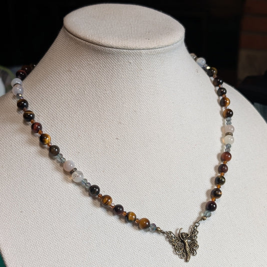 ✨Amberwing✨| Red & Gold Tiger’s Eye Necklace with Bronze & Botswana Agate Accents and Fairy Charm
