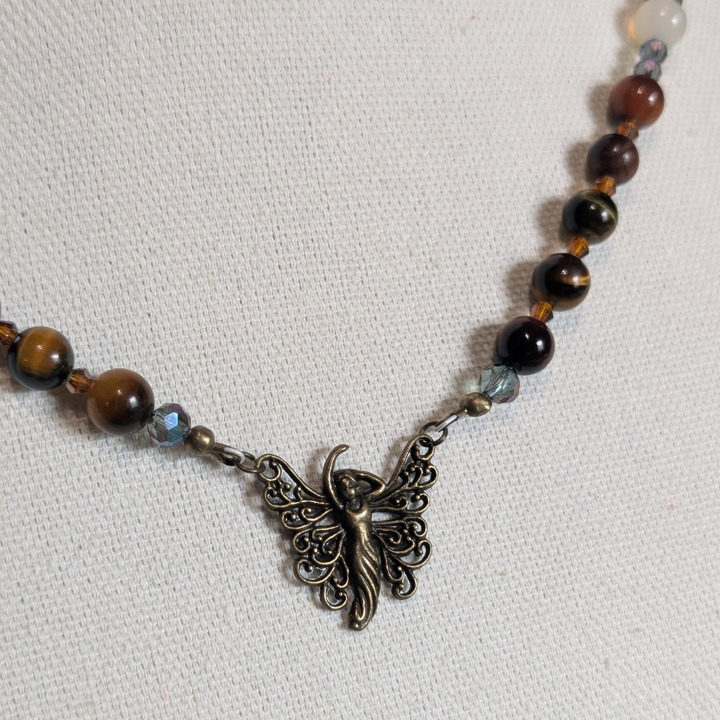 ✨Amberwing✨| Red & Gold Tiger’s Eye Necklace with Bronze & Botswana Agate Accents and Fairy Charm