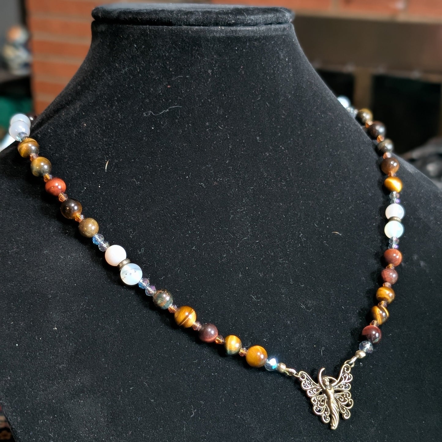 ✨Amberwing✨| Red & Gold Tiger’s Eye Necklace with Bronze & Botswana Agate Accents and Fairy Charm
