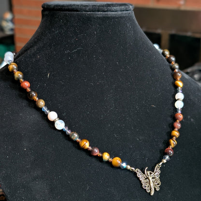 ✨Amberwing✨| Red & Gold Tiger’s Eye Necklace with Bronze & Botswana Agate Accents and Fairy Charm