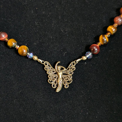 ✨Amberwing✨| Red & Gold Tiger’s Eye Necklace with Bronze & Botswana Agate Accents and Fairy Charm