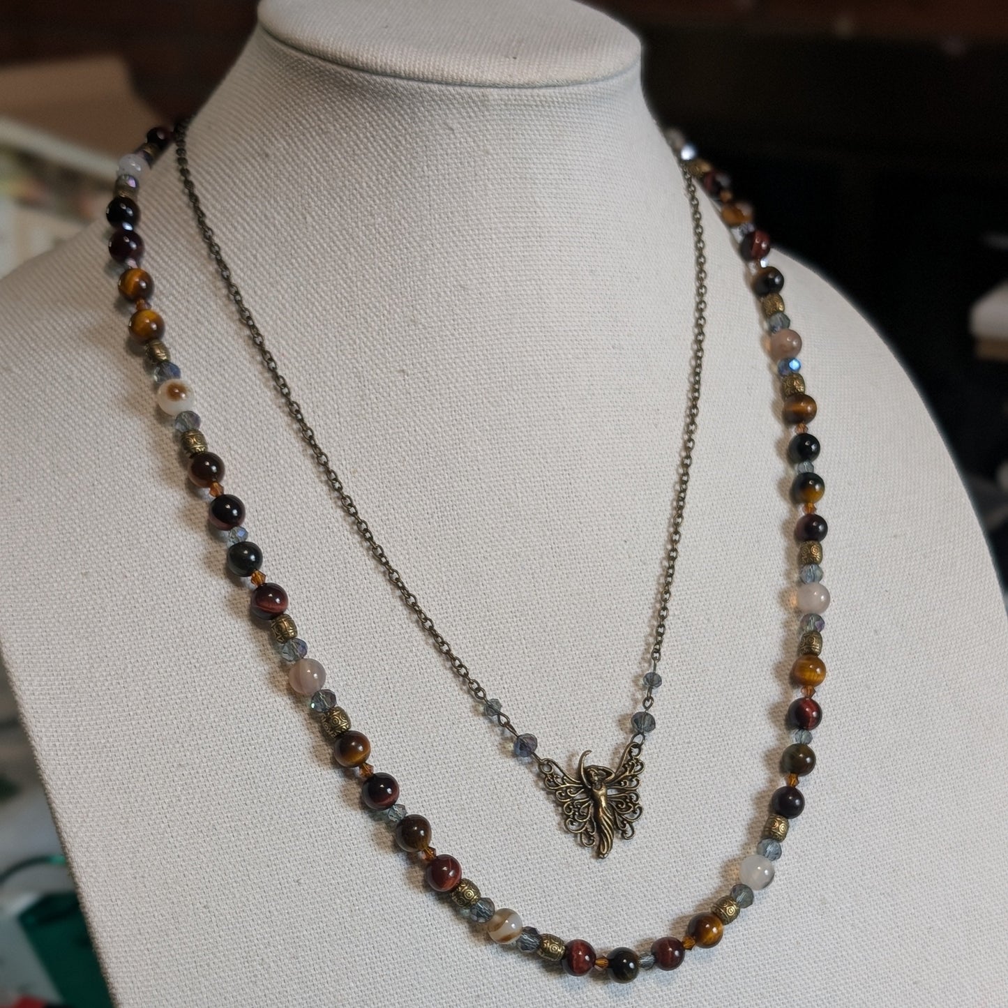 ✨Willowshade✨| Fairy Necklace – Red & Gold Tiger’s Eye with Botswana Agate