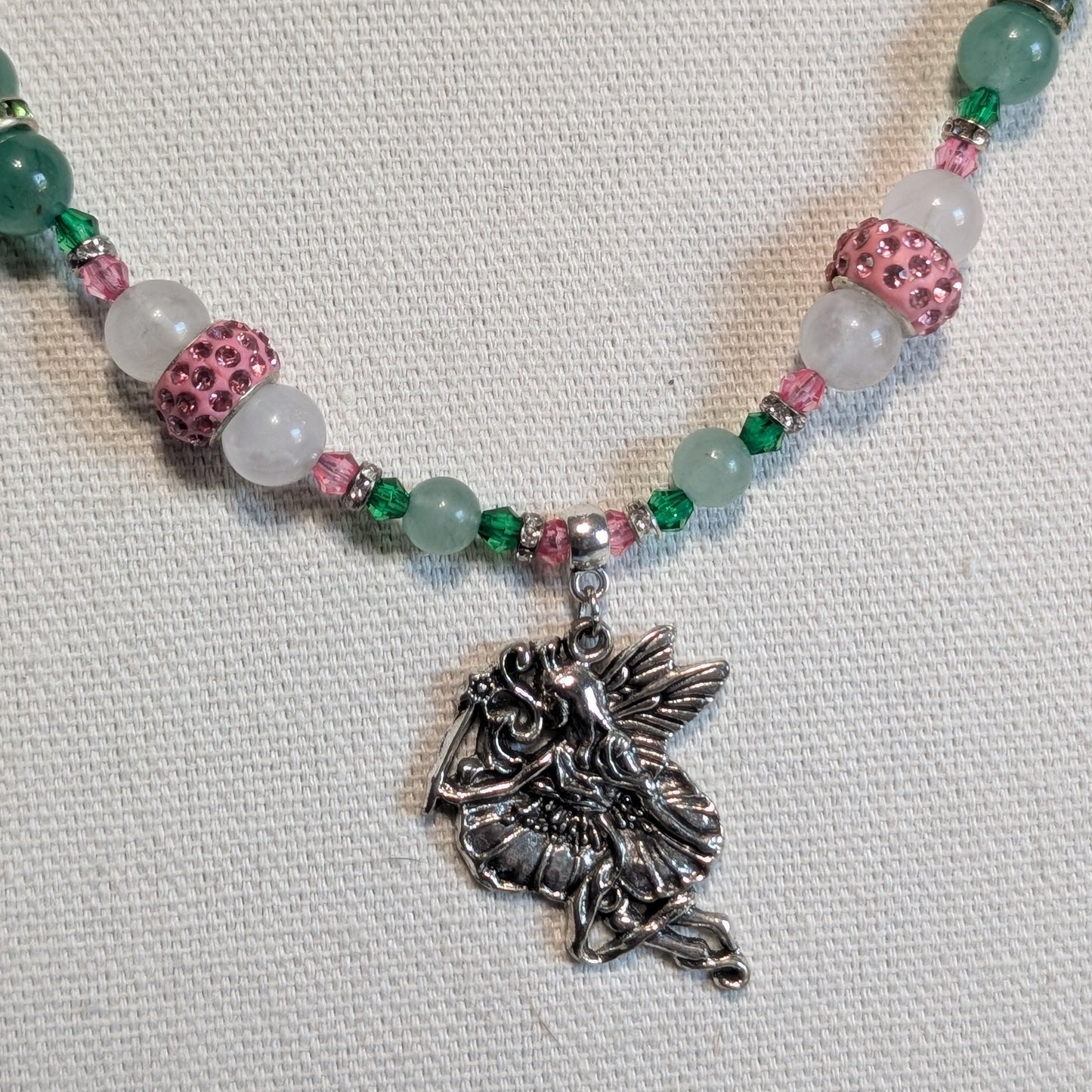 ✨Twinklepip✨| Rose Quartz, Green Aventurine, & Green Jade Fairy Necklace with Sparkling Pink Accents