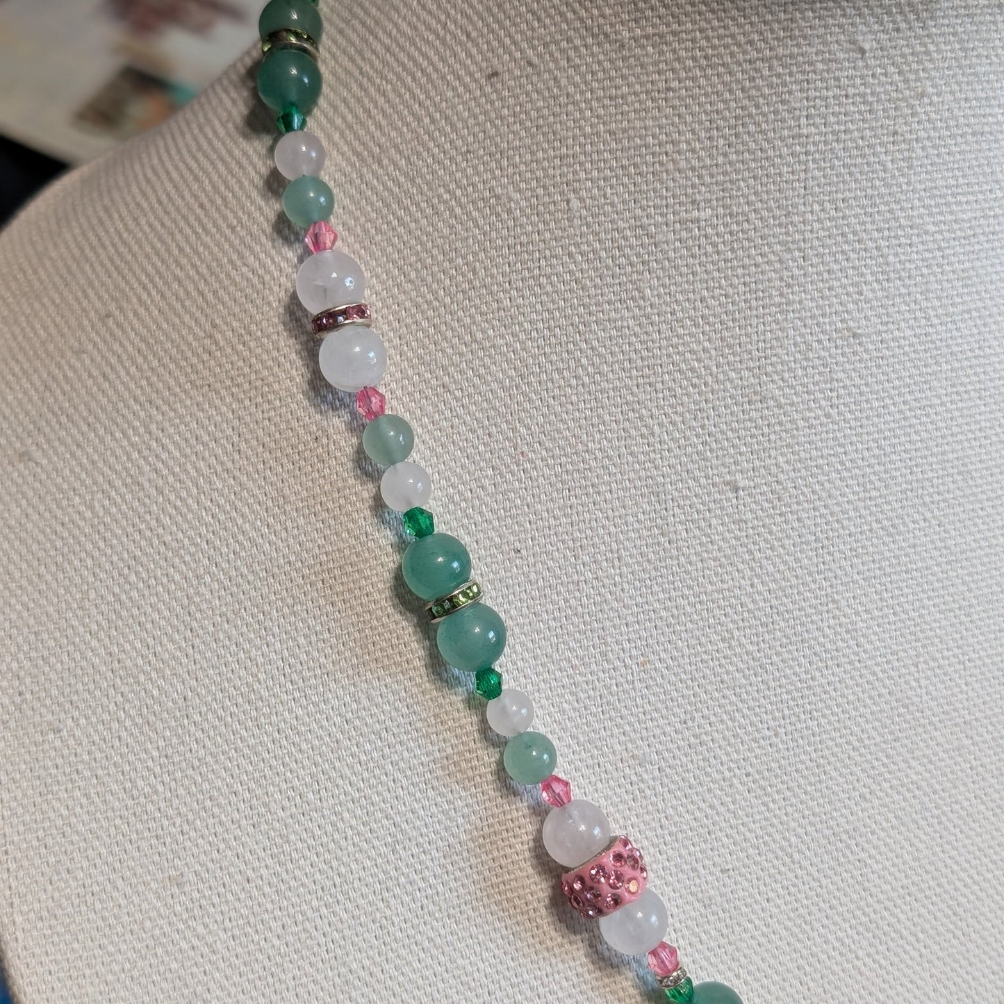 ✨Twinklepip✨| Rose Quartz, Green Aventurine, & Green Jade Fairy Necklace with Sparkling Pink Accents