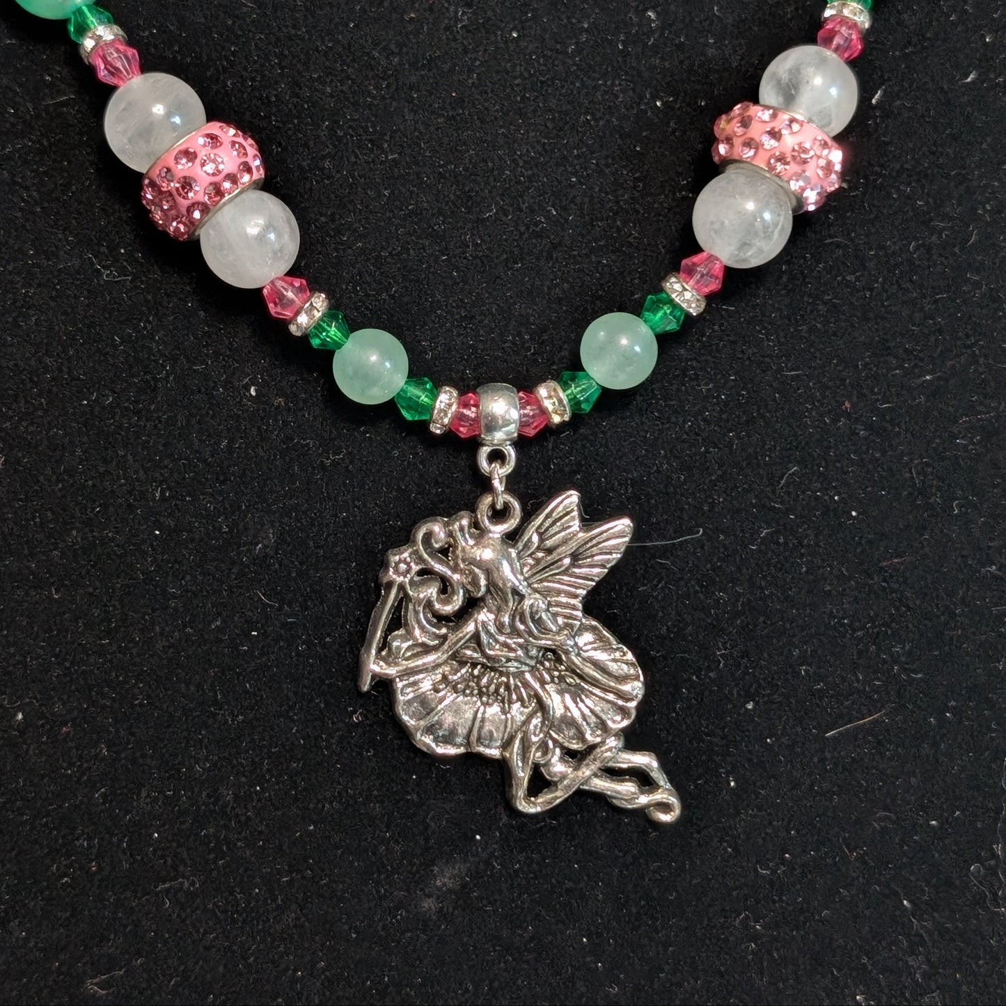 ✨Twinklepip✨| Rose Quartz, Green Aventurine, & Green Jade Fairy Necklace with Sparkling Pink Accents