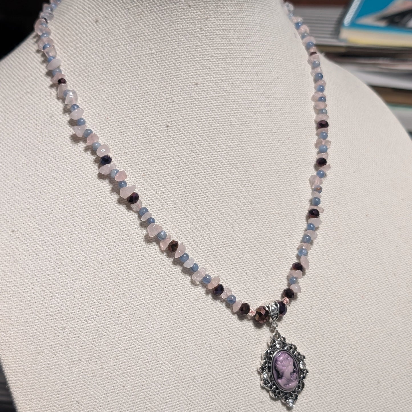✨Kraeon Rose✨| Rose Quartz & Kyanite Cameo Necklace with Silver Rose Accents