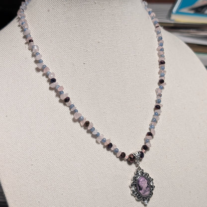 ✨Kraeon Rose✨| Rose Quartz & Kyanite Cameo Necklace with Silver Rose Accents