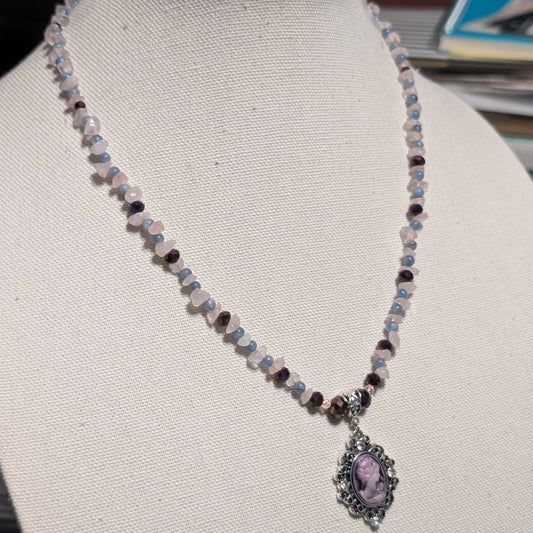 ✨Kraeon Rose✨| Rose Quartz & Kyanite Cameo Necklace with Silver Rose Accents