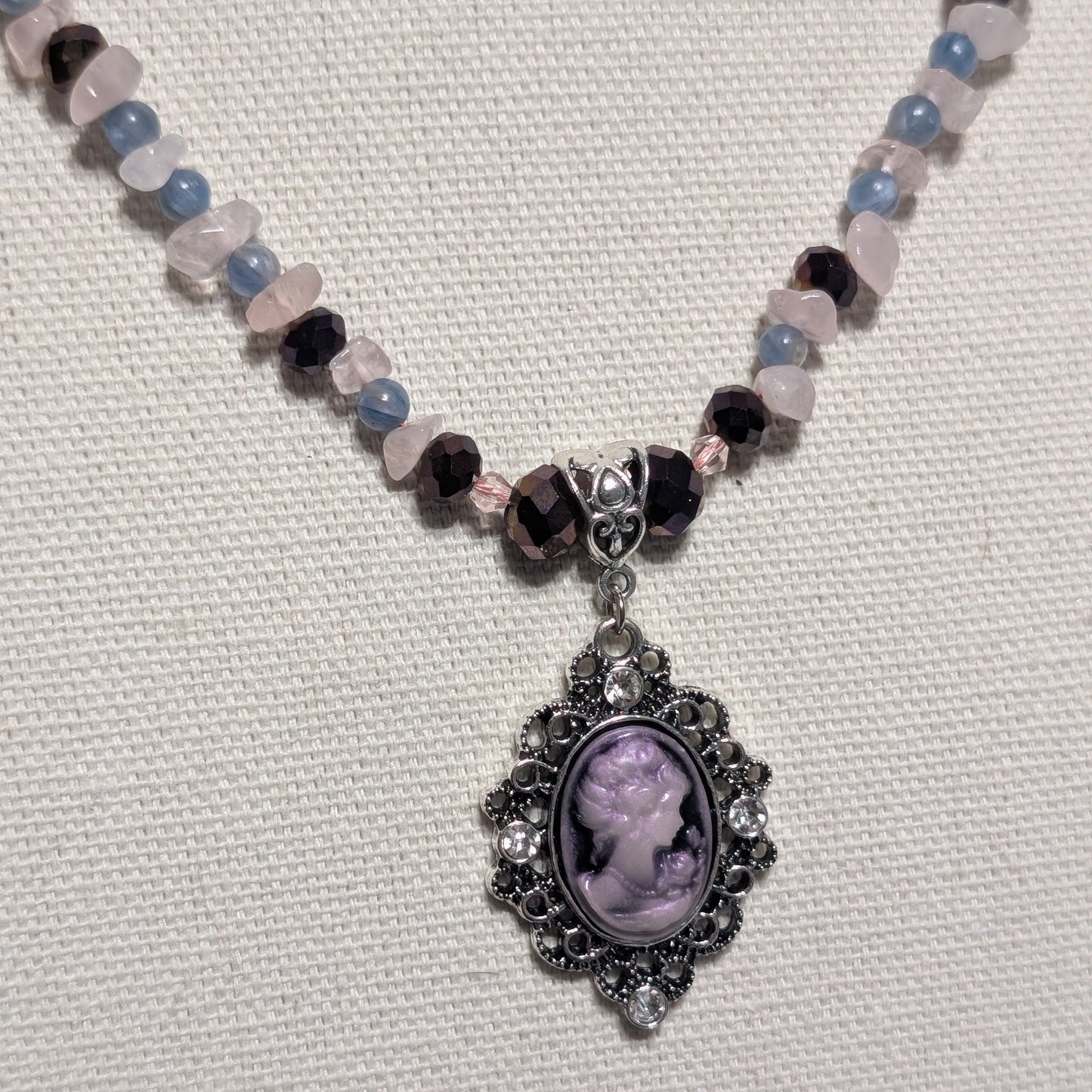 ✨Kraeon Rose✨| Rose Quartz & Kyanite Cameo Necklace with Silver Rose Accents