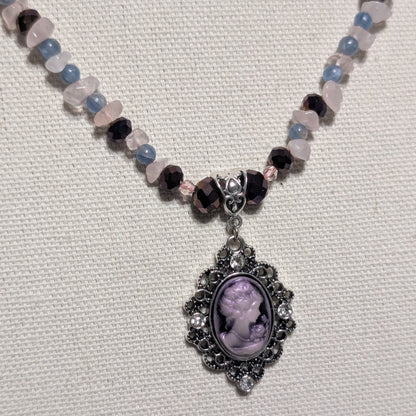 ✨Kraeon Rose✨| Rose Quartz & Kyanite Cameo Necklace with Silver Rose Accents