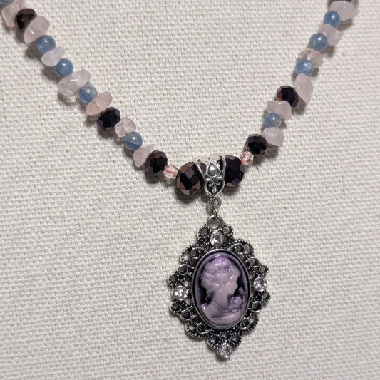✨Kraeon Rose✨| Rose Quartz & Kyanite Cameo Necklace with Silver Rose Accents