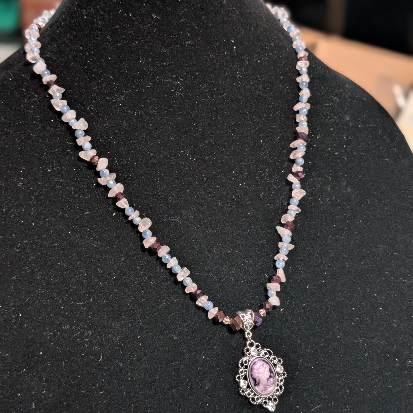 ✨Kraeon Rose✨| Rose Quartz & Kyanite Cameo Necklace with Silver Rose Accents