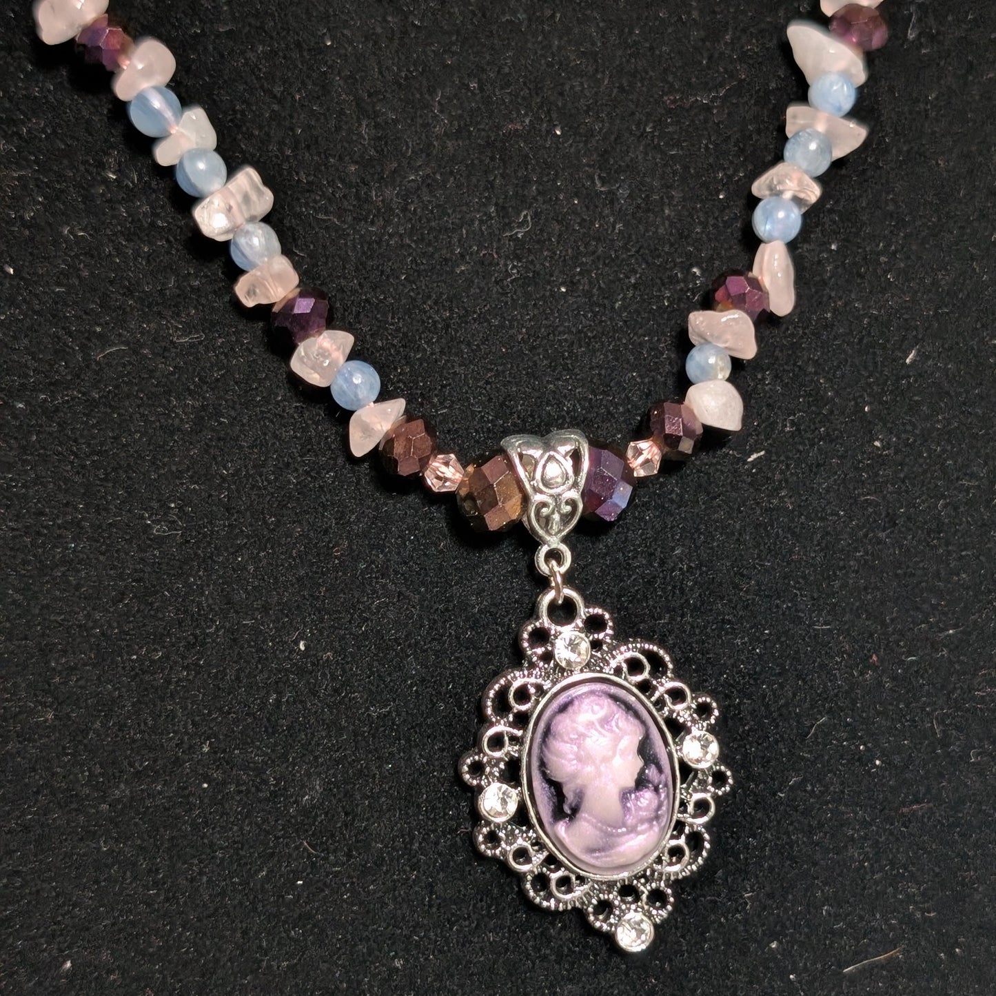 ✨Kraeon Rose✨| Rose Quartz & Kyanite Cameo Necklace with Silver Rose Accents