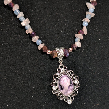 ✨Kraeon Rose✨| Rose Quartz & Kyanite Cameo Necklace with Silver Rose Accents