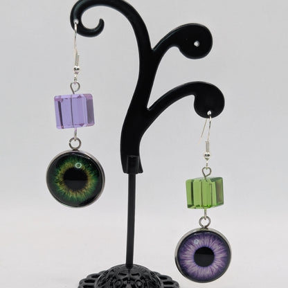 ✨Chromacrossed✨ | Mismatched Green & Purple Glass Eye Earrings