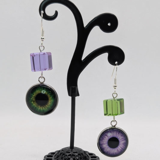 ✨Chromacrossed✨ | Mismatched Green & Purple Glass Eye Earrings