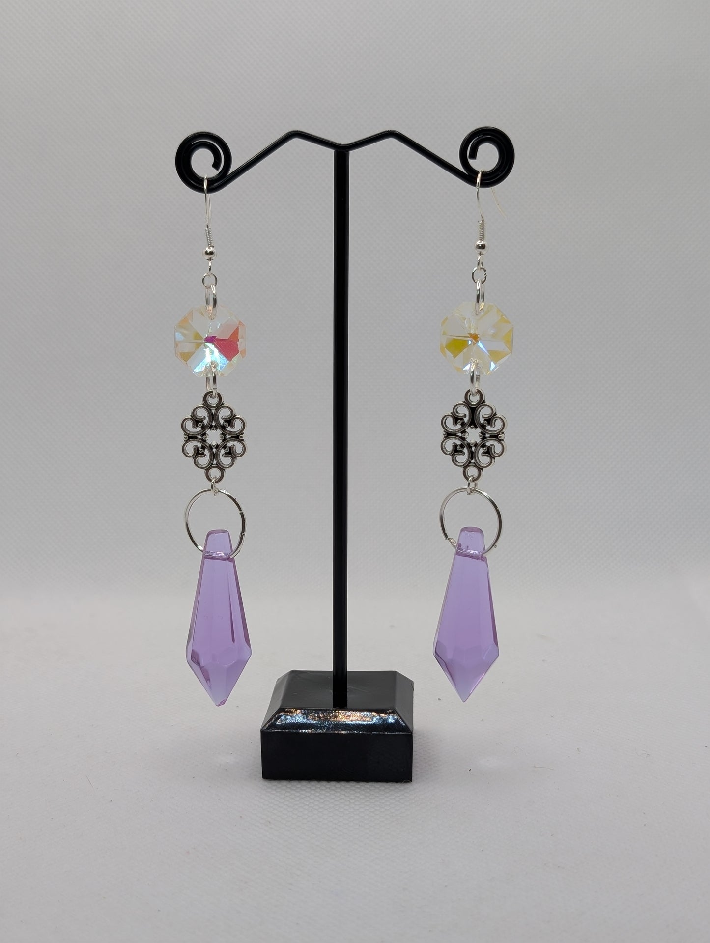 ✨Classique✨ | Silver Filigree, Iridescent Glass & Lavender Drop Earrings