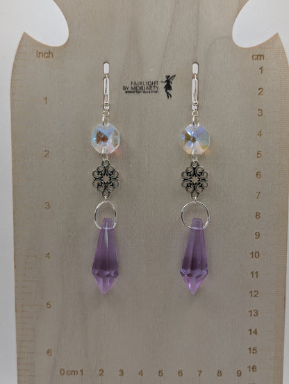 ✨Classique✨ | Silver Filigree, Iridescent Glass & Lavender Drop Earrings