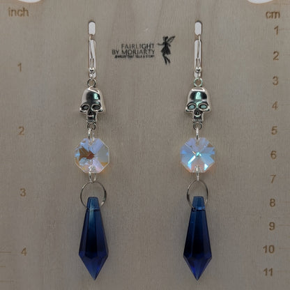 ✨Glaciergeist✨ | Silver Skull, Iridescent Glass & Deep Blue Drop Earrings